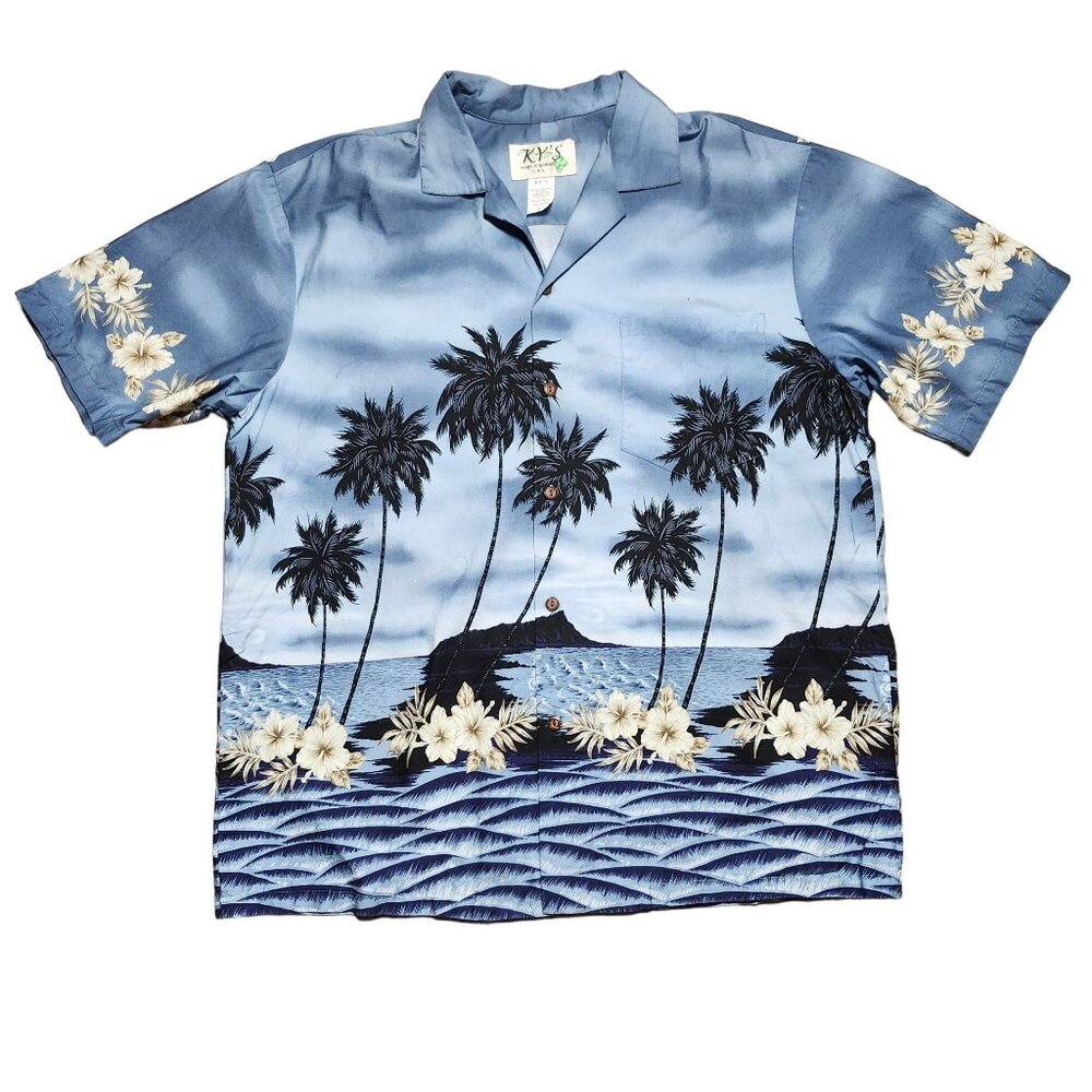 KY'S Hawaiian Aloha Shirt Mens Button Up Large Blue Palms Beach Hibiscus Vintage